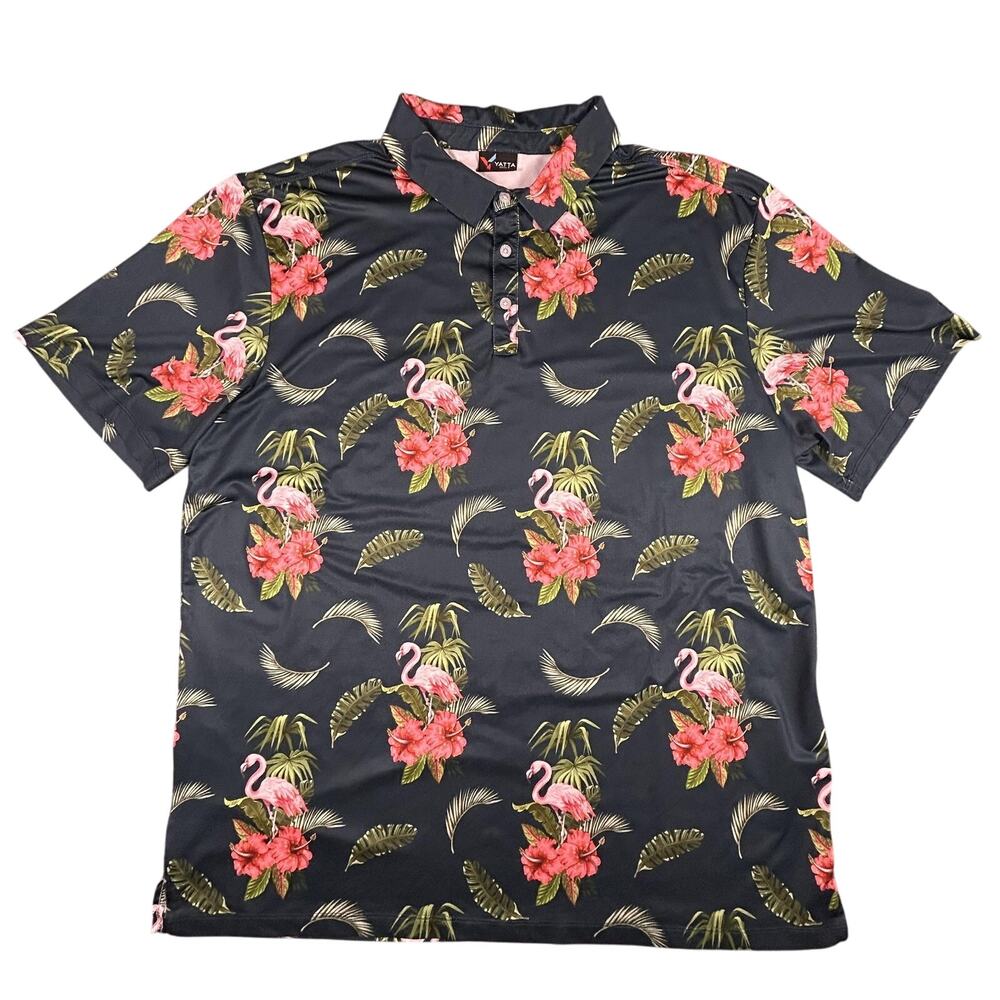 Yatta‎ Golf Polo Shirt Mens Extra Large Flamingo Hibiscus Floral Tropical Golf